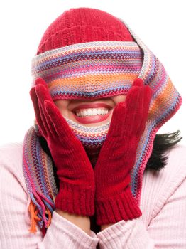 Attractive Woman With Colorful Scarf Over Eyes Isolated on a White Background.