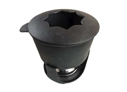 Characteristic cast iron pot used for fondue or bourguignonne