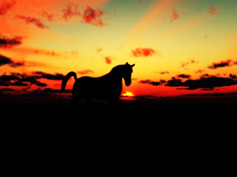 A horse in the foreground with a sunset background.