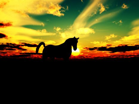 A horse in the foreground with a sunset background.
