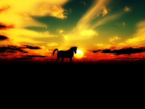 A horse in the foreground with a sunset background.
