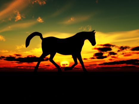 A horse in the foreground with a sunset background.