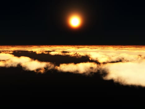 View of the setting sub high over the clouds.