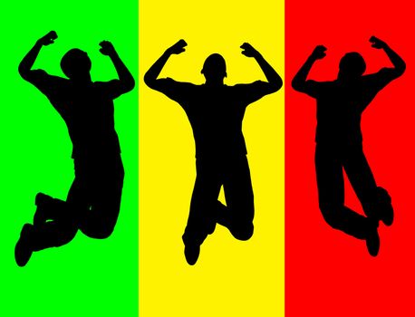 Three men jumping at the same time.