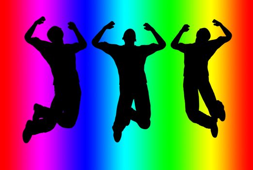 Three men jumping at the same time.