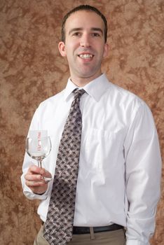 A businessman wearing a white shirt and tie is holding a wine glass with a message saying I love you