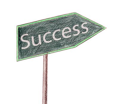 A pencil crayon drawing of a sign with the word "Success" on it, pointing to the right, isolated against a white background