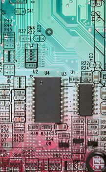 Abstract multi-color circuit board with electronic components