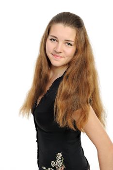 Close-up of a beautiful young woman smiling on white background
