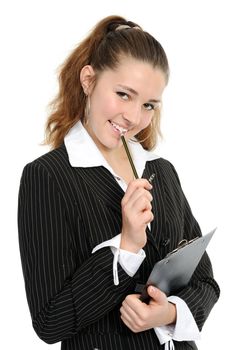 The girl smiles, in hands holds a mechanical pencil and a folder

