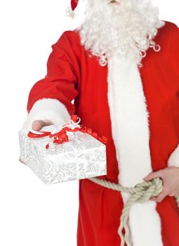 Santa claus is offering a gift isolated on white