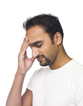 Portrait of a man with a headache isolated on a white background