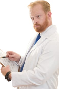 A doctor or scientist discussing paperwork.