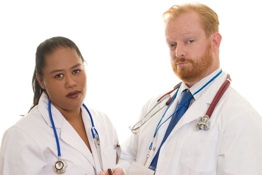 Two doctors - man and woman - diverse.  Focus on man