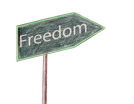 A hand drawn sign with the word freedom on it, isolated against a white background