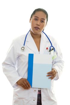 Serious medical staff holding a brochure, or  information booklet.