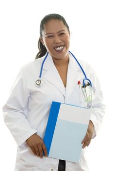 Smiling healthcare worker with a helpful brochure, facts or booklet