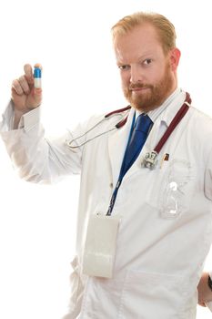 This Doctor is holding a large blue and white plastic pharmaceutical pill.