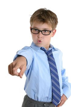 A young boy with arm extended arm pointing his finger.