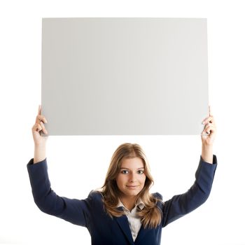 Portrait of a beautiful business woman holding a blank billboard over her head.