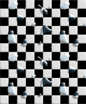 black and white floor tiles with water laying on them