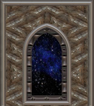 gothic or science fiction window looking into space or starry night sky