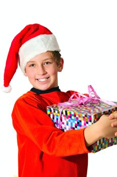 
a smiling boy in a red cap, holding a box with a gift 