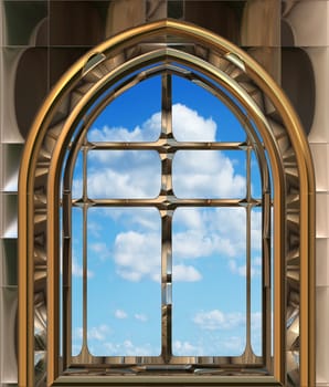 image of a gothic or science fiction window looking onto cloudy blue sky