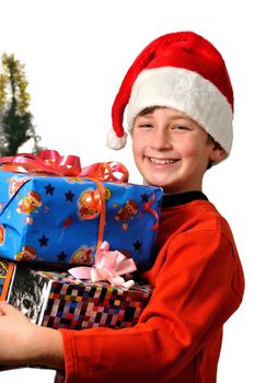 
a smiling boy in a red cap, holding a box of gifts 