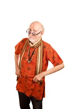 Skeptical New Age Man in Bright Orange Shirt