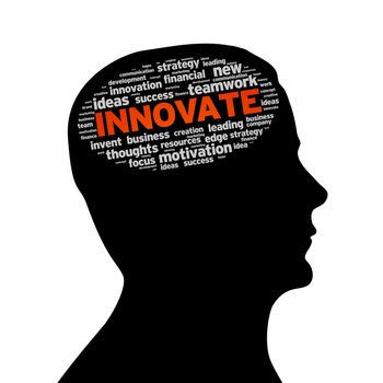 Silhouette head with the word Innovate on white background.