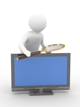 Man with magnifier on white background. Isolated 3D image