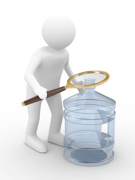 Man with magnifier on white background. Isolated 3D image