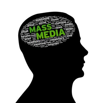 Silhouette head with the words Mass Media on white background.