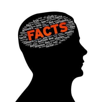 Silhouette head with the word facts on white background.