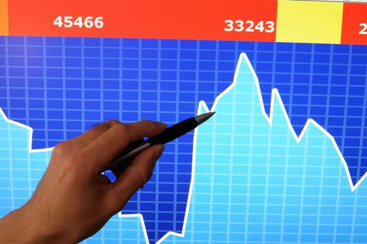 financial stock market concept with hand and computer lcd display