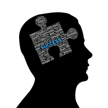 Silhouette head with Success Puzzle on white background.