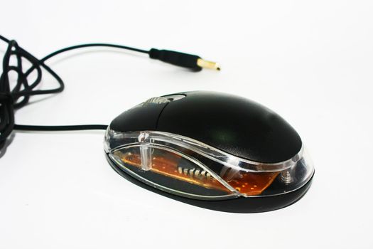An isolated black mouse with USB cable.