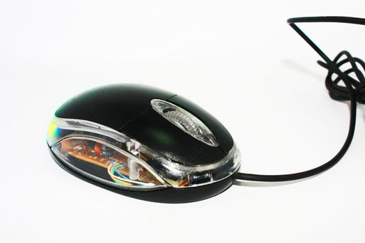 An isolated black mouse with USB cable.