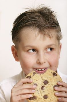 Boy with a very large cookie A few crumbs on his face. 