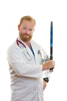 Medical practitioner holding a tennis racket.