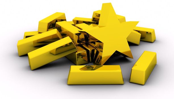 Gold bars and golden star on white background.
