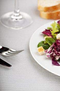 detail of a mixed salad with croutons