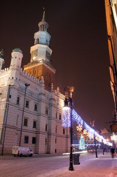 Old market square during the snowy night in Poznan, Poland
