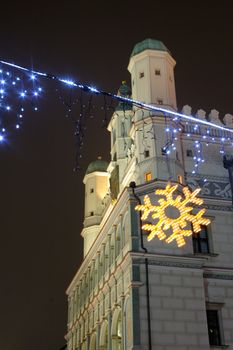 Old market square during the snowy night in Poznan, Poland
