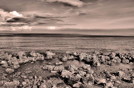 It is beautiful landscape of beach with stone in sepia tone.