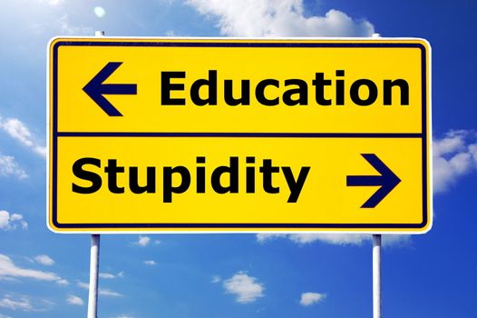 education and stupidity concept with yellow road sign