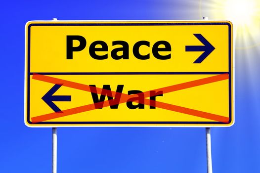 peace and war concept with yellow road sign