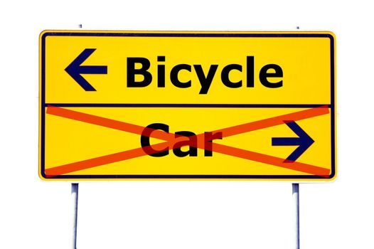 ecology concept with car and bicycle on yellow road sign