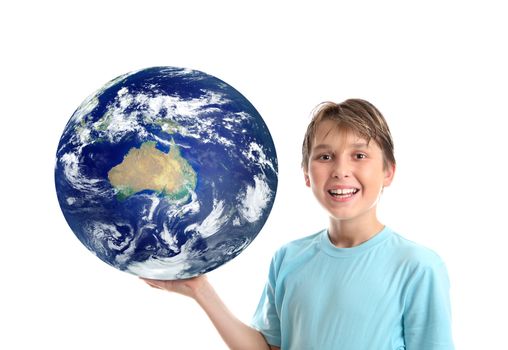 A smiling, cheerful boy holding our planet earth in the palm of his hand.   Earth showing mainly Australia, New Zealand and Indonesia.  Concept, science education, environmental issues, travel destinations, asia pacific, oceania, etc